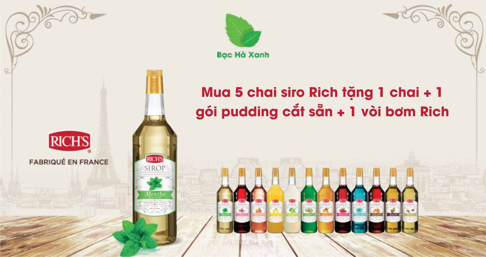 Khuyến mãi khi Mua 5 chai siro Rich tặng 1 chai + 1 gói pudding cắt sẵn + 1 vòi bơm Rich